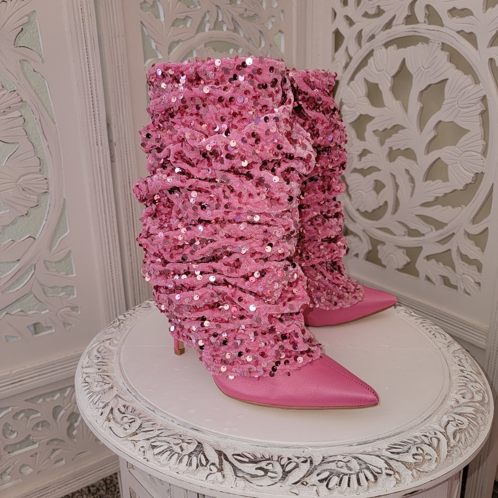 Custom Order "THEA" Pink Sequin Velvet & Satin Ankle Boots - Picture 3 of 7